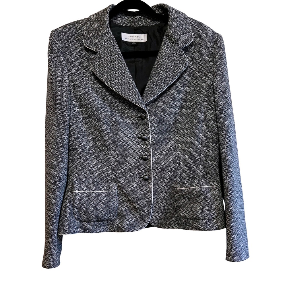 Tahari Women's Gray‎ Tweed Blazer Contrast Piping High Fashion Designer Size 12